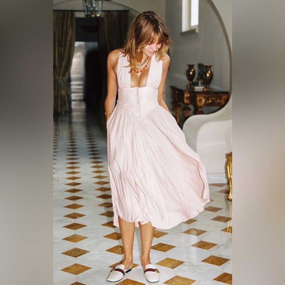 Vanessa Mooney pink silky square plunge dress, M